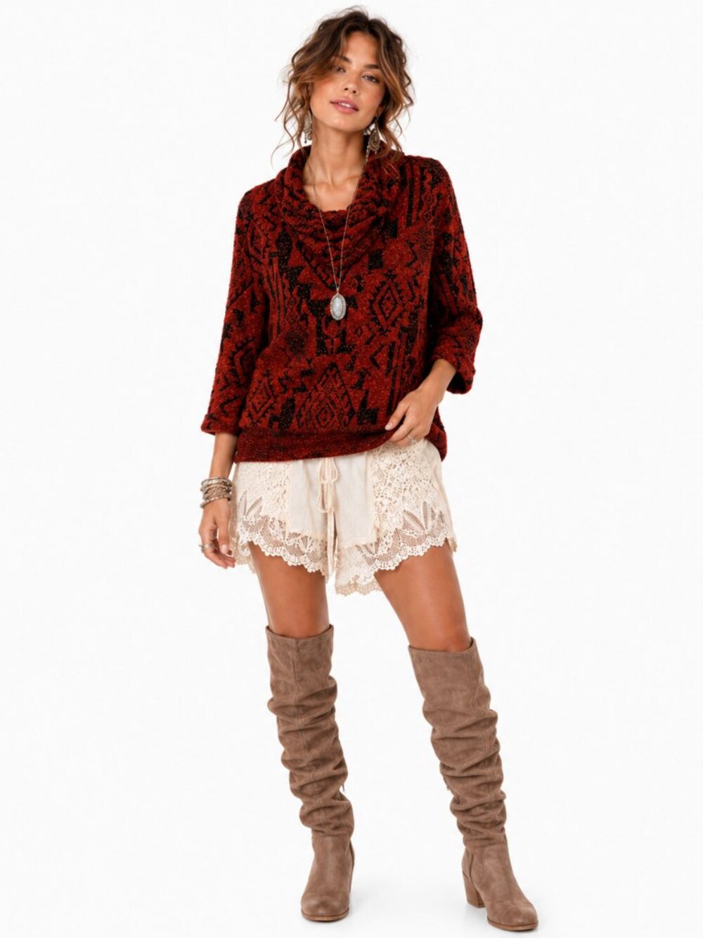Ali Miles Fuzzy Sweater Orange‎ Black Tribal Artwear Boho Cozy Women M